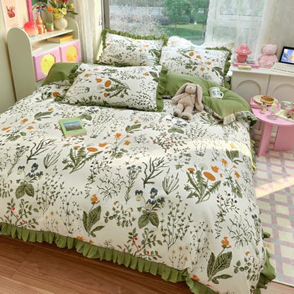 Green Floral Comforter Set King Romantic Ruffle Comforter Vintage Botanical Flowers Comforter with 2 Pillowcases Boho Floral Lace Coquette Bedding Fluffy Comfy Farmhouse King Bed Comforter Set