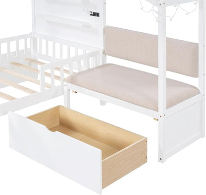 Twin Size House Bed with Upholstered Sofa and Safety Fence for Kids Boys Girls, Versatility Solid Wood Kids Platform Bed with Charging Station, Wireless Charging, Shelves and 2 Drawers (White-G1)
