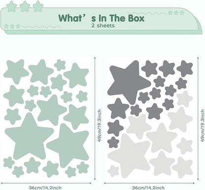 Stars Wall Stickers Removable, Vinyl Stars Wall Decals Peel and Stick, Green and Grey Tone Stars Wall Stickers for Living Room Decoration