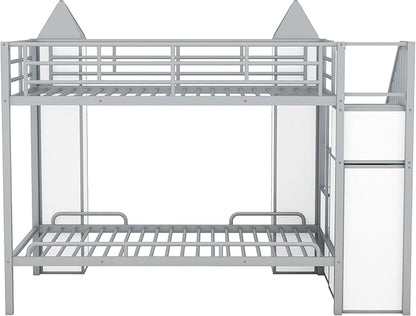 Twin Over Twin Castle-Shaped Bunk Bed with Wardrobe and Multiple Storage, Metal Bunk Bed with Storage Staircase and Safety Guardrail for Kids Teens Boys Girls Bedroom (White+Gray)