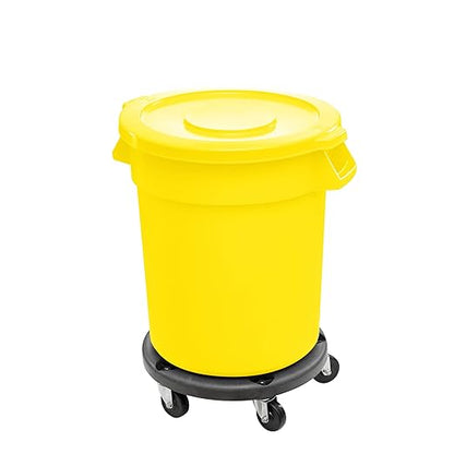Feed and Seed Storage Container, 32 Gallon Yellow Round Commercial Trash Can with Lid and Dolly, Food Storage Plastic Bin, Use in Agricultural, Gardening, or Household
