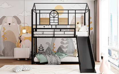 MERITLINE Metal Bunk Bed Twin Over Twin Bunk Bed Frame with Slide,Twin Over House Bed with Guardrails