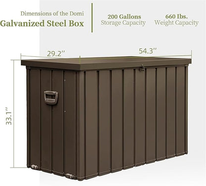Metal Storage Box for Outdoor Dark Brown Lockable Water-Resistant Deck Box for Patio Garden Tools Organization Rust-Resistant Heavy-Duty Outside Storage Box (200 Gallon)