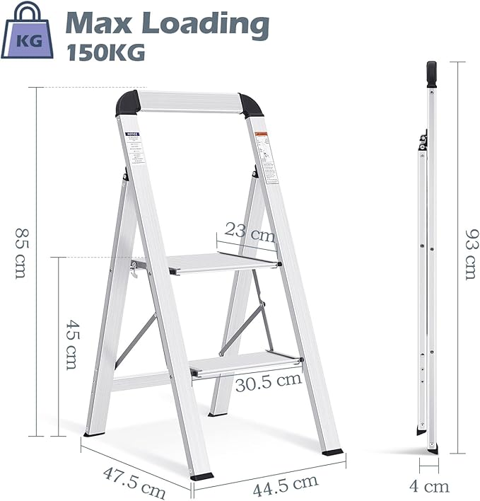 KINGRACK Aluminium 2 Step Ladder, Lightweight Step Stool with Non-Slip Pedals, Handrail, 330LBS Foldable Step Ladder for Kitchen, Garage, Home, Space Saving, Sturdy and Portable, Silver