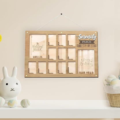 First Year Photo Board – 12 Months Baby Picture Frame, My First Year Wooden Photo Display, Holds Two 4x6 Photos and Twelve 2x3 Pictures, Nursery Wall Frame Décor