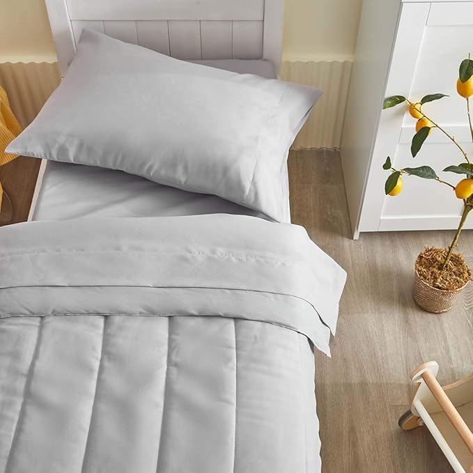 UOZZI BEDDING 4 Pieces Toddler Bedding Set Ultra Soft and Breathable Toddler Sheet Set - Includes Comforter, Flat Sheet, Fitted Sheet and Pillowcase - Gray