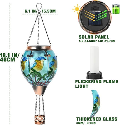 Hot Air Balloon Solar Lantern - Bluebird Glass Lantern, Simulated Flickering & Dancing Flame, Outdoor Hanging Yard Light Waterproof IP65 for Patio Lawn Porch Decor Gift
