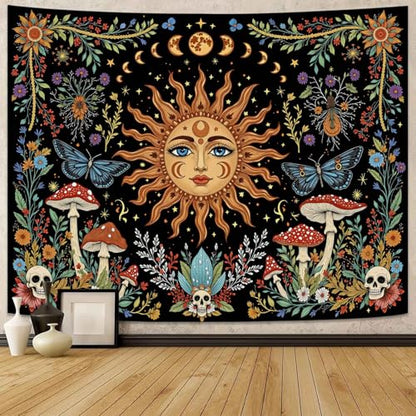Celestial Sun Mushroom Skull Wall Tapestry