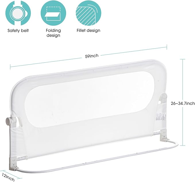 Baby Bed Rail Guard for Toddlers -59" Toddler Bed Rails for Twin, Full, Queen, King Bunk Size Bed Swing Down Bedrail Extral Tall Child Safety Side Railing Guards for Kids White