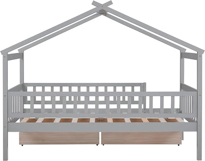 Merax Twin Size Wooden House Bed with Two Drawers, Wood Bed Frame with Roof and Safety Guardrail for Kids, Teens, Boys or Girls, Gray