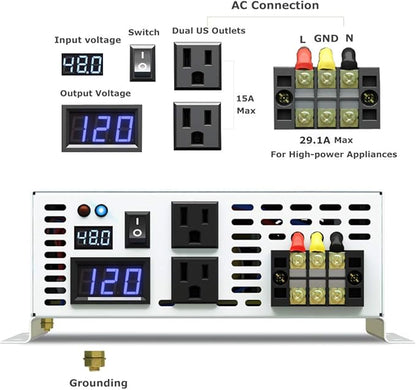 3500W Pure Sine Wave Power Inverter DC 48V to 110V 120V AC Car Inverter with Dual Outlets +Hardwire Terminal +Digital LED Display Solar Converter