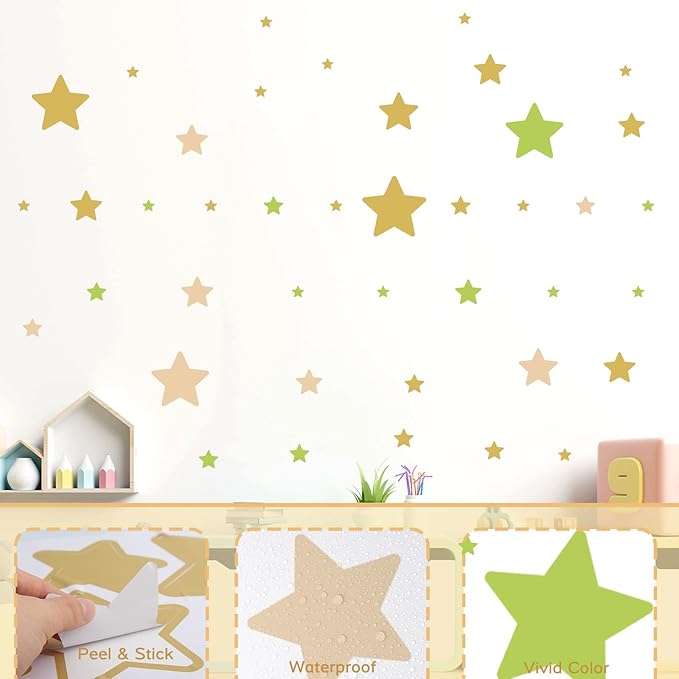 Stars Wall Stickers for Girls Bedroom Nursery, Bright Tone Stars Wall Decals Peel and Stick for Spring, Vinyl Stars Wall Stickers for Girls Kids