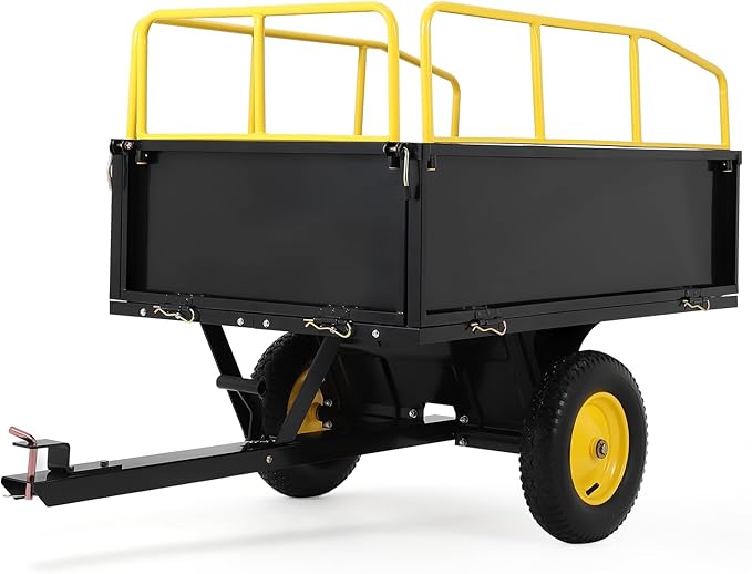 GarveeLife Lawn Mower Trailer ATV Dump Cart Tow Behind, 750 Lb Utility Garden Cart, 17 Cu.Ft, Heavy Duty Steel Garden Utility Trailer with Removable Sides for Atvs, Utvs Lawn Garden Tractors