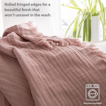 Simple&Opulence Cotton Muslin Throw Blanket for Bed, Couch, Knit Woven Gauze Blanket with Tassels, Soft Lightweight Cozy Pre-Washed Breathable Farmhouse Decoration for All-Season (Dusty Rose)