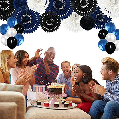 Honeycomb Round Paper Fans Black Blue White Hanging Party Decor (11 Count)