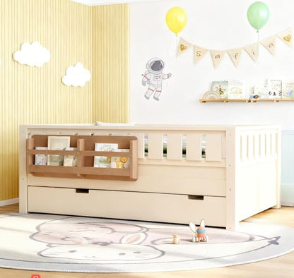 Bellemave Full Size Kids Bed with high Rails and with Built-in Bookshelf and Trundle for Kids, Girls, Boys, Wood Montessori Bed Without Door, Beige