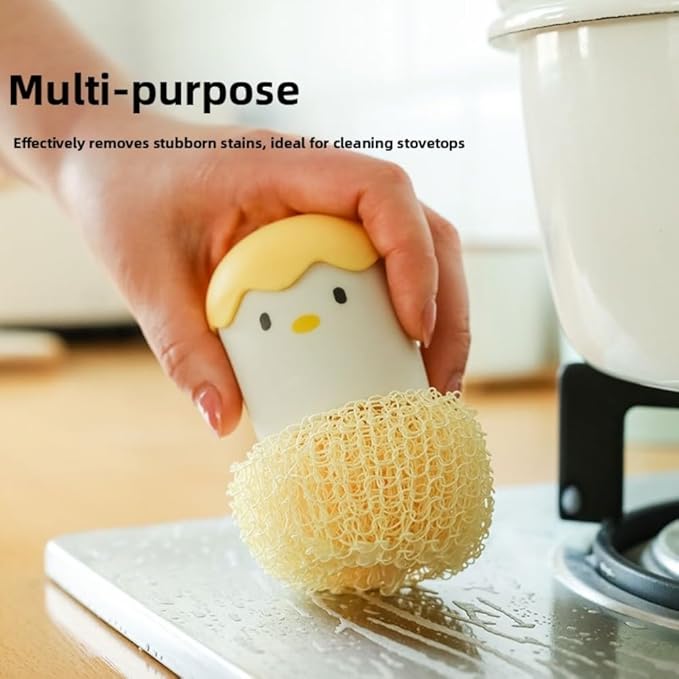 Cleaning Brush with Eggshell Chicken Themed Design and ForNano Fiber Cleaning Ball for Dishwashing and Pot Scrubbing with Ergonomic Handle and Compact Storage (2pcs-Pink)