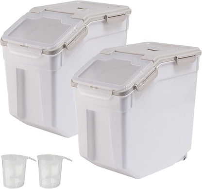 50 lbs Flour Storage Container, 2 Pack Rice Storage Container with Measuring Cup & Scoop, Pet Food Storage Container Dog Cat Food Bin, Grey
