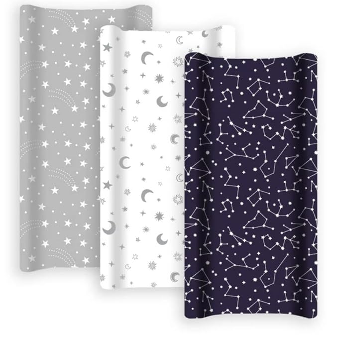 GROW WILD Changing Pad Cover 3 Pack | Soft & Stretchy Jersey Cotton | Baby Changing Table Pad Cover | Diaper Changing Pad Covers for Girls and Boys (Stars, Moon & Constellation)