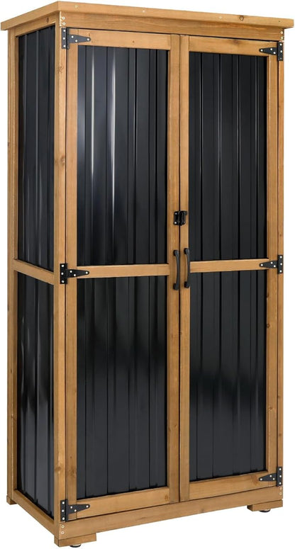 Outdoor Storage Cabinet, Wood & Metal Tall Tool Shed with Weather-Resistant Roof, Double Lockable Doors, 3 Removable Shelves & Adjustable Feet, for Patio, Garden, Backyard, 32" x 15.5" x 66"