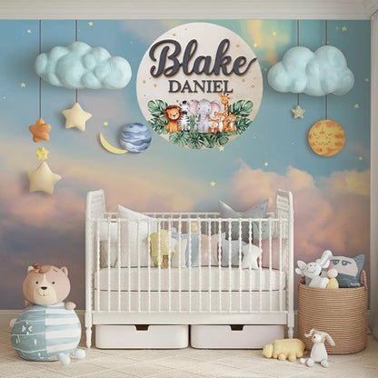 Personalized Name Sign for Nursery, Woodland Animals Sign for Baby Door Decor, Newborn Gifts for Boy, Boys Nursery Wall Bedroom Decorations, Mother's Day Gifts for New Mom Dad Gift