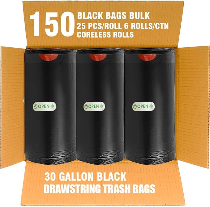 30 Gallon Trash Bags Drawstring, 150 Count Bulk, Black | Unscented | Heavy Duty Multi-purpose Garbage Bags Can Liners for Business Home Kitchen Commercial and Industrial