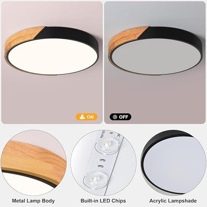 Vikaey Modern LED Ceiling Light, Minimalist Wood Flush Mount Ceiling Light