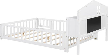 Bellemave Full Size Floor Bed for Kids, Girls, Boys, Solid Wood Montessori Bed with Storage headboard, Door, Storage, White