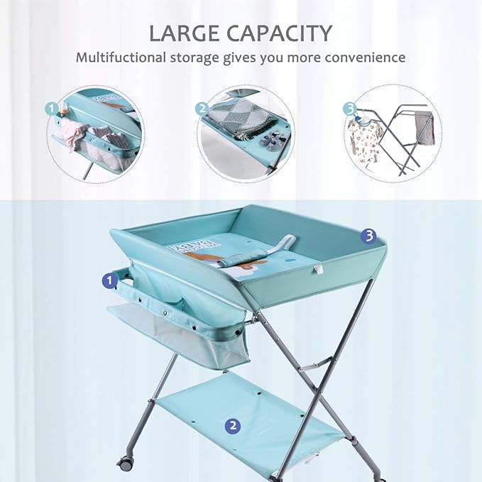 Baby Changing Table Portable Folding Diaper Changing Station with Wheels, Adjustable Height Mobile Nursery Organizer with Safety Belt and Large Storage Racks for Newborn Baby and Infant, Green