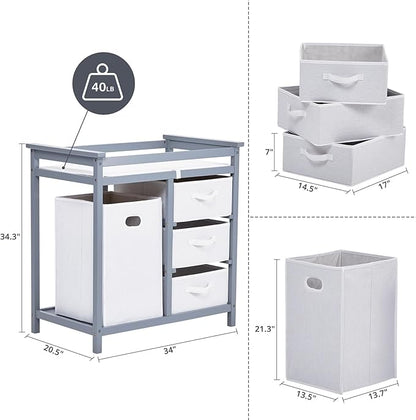 Wooden Baby Changing Table, Modern Diaper Changing Table, Infant Diaper Station Dresser with Laundry Hamper, 3 Drawer Basket- Storage Organizer for Baby Clothes, Diapers & Toys