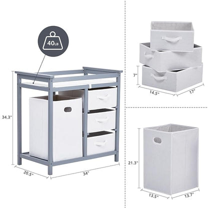 Wooden Baby Changing Table, Modern Diaper Changing Table, Infant Diaper Changing Station Dresser with Laundry Hamper, 3 Drawer Basket and Changing Pad
