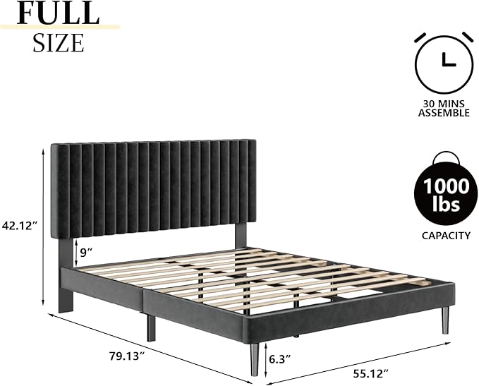 Full Size Bed Frame with Velvet Upholstered Headboard, Platform Bed with Strong Wood Slats, Mattress Foundation, Box Spring Optional, Easy Assembly, Black