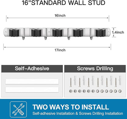 IMILLET 2 Pack Wall Mount Broom Holder Stainless Steel 5 Racks with 4 Hooks Broom Organizer Self Adhesive Heavy Duty Laundry Room, Garage Organization Storage