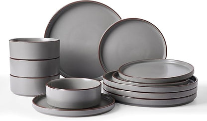 Famiware Nebula Ridge Stoneware Dinnerware Sets, Plates and Bowls Sets for 4, 12 Pieces Dishes Set, Microwave and Dishwasher Safe Kitchen Plates, Dark Gray