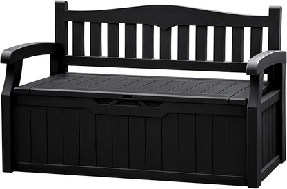 JUMMICO 80 Gallon Resin Outdoor Storage Bench, Large Deck Box with Armrest, Lockable & Waterproof for Garden, Home, Patio, Pools (Black)