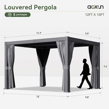 Aoxun Louvered Pergola 10' x 12' Outdoor Aluminum Pergola with Adjustable Top for Decks, Gardens and Backyards, Gray