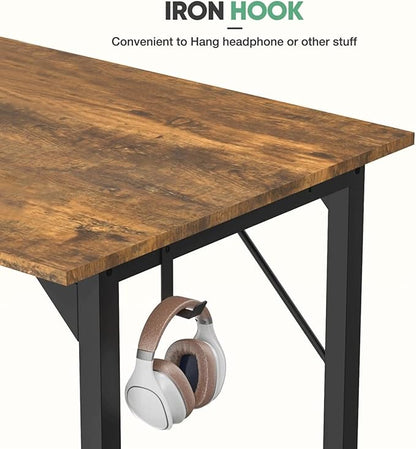 63 Inch Desk Office with Storage, Modern Simple Style Gaming Computer Table for Youth Student Adult, Metal and Wood Home Office Furniture, Rustic Brown