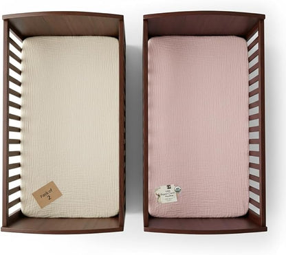 Muslin Crib Sheets for Baby Girl Large Size 52x28x9 inches 2 Pack Pink & Beige, Soft Breathable Muslin Fabric, Fits Standard Crib Mattress Sheet, Durable Baby Bed Sheets