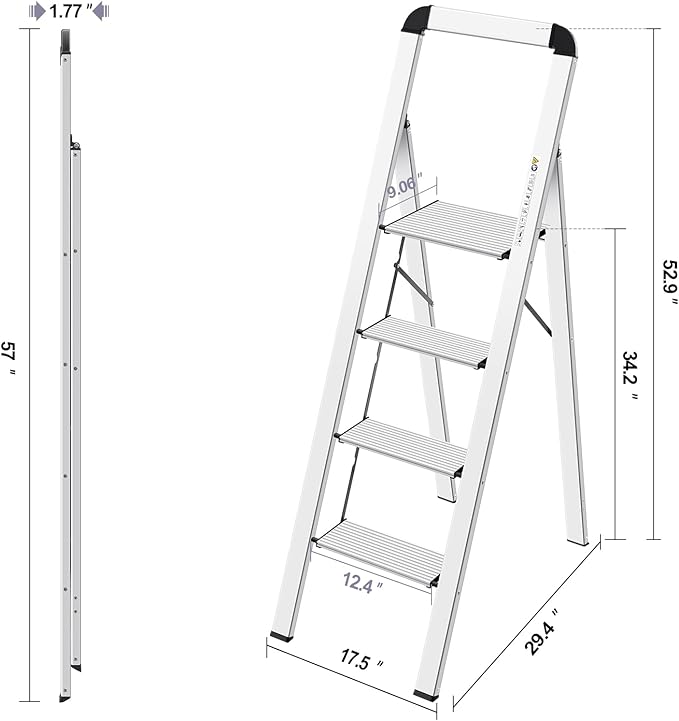 KINGRACK Aluminium 4 Step Ladder, Lightweight Step Stool with Non-Slip Pedals, Handrail, Foldable Step Ladder for Kitchen, Garage, Home, Space Saving, Sturdy and Portable, Silver