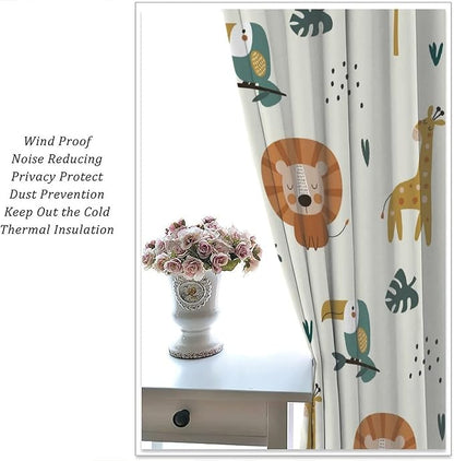 Cute Lion Window Curtains for Kids Bedroom,Cartoon Woodland Jungle Forest Wildlife Little Lion Giraffe Owl Palm Tree Printed Pattern Blackout Drapes for Living Room Baby Nursery Room 55x63in