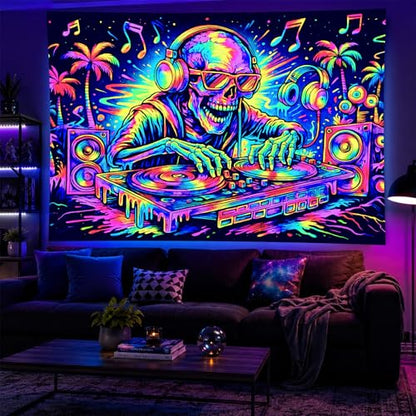 Blacklight Tapestry DJ Skeleton Wall Art 78 x 59 Inch