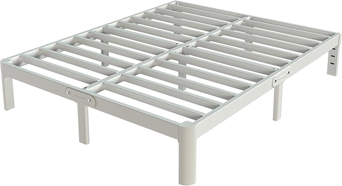White Bed Frame Queen Size 12 Inch, Metal Queen Bed Frame No Box Spring Needed, Heavy Duty Steel Support 3500 LBS, DIY Headboard, Noiseless, Round Corner Legs, Storage Space, Easy Assembly