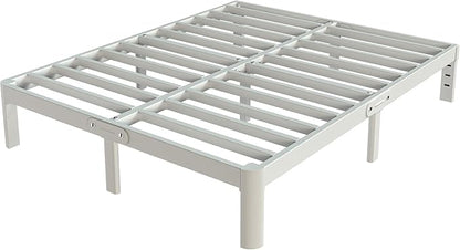White Bed Frame Queen Size 12 Inch, Metal Queen Bed Frame No Box Spring Needed, Heavy Duty Steel Support 3500 LBS, DIY Headboard, Noiseless, Round Corner Legs, Storage Space, Easy Assembly