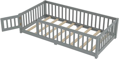 Harper & Bright Designs Twin Floor Bed Frame with Safety High Fence, Wood Montessori Bed with Door, Twin Size Floor Beds with Solid Wood Support Slats for Boys, Girls, Kids, Gray