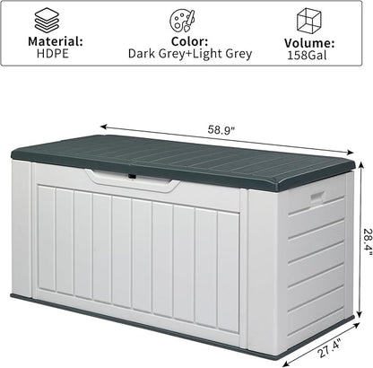 VINGLI Upgraded 158 Gallon Outdoor Storage Box, Lockable Resin Storage Containers with Lid, Wood-grain Finish Deck Box Patio Furniture for Garden, Pool, Balcony, Yard