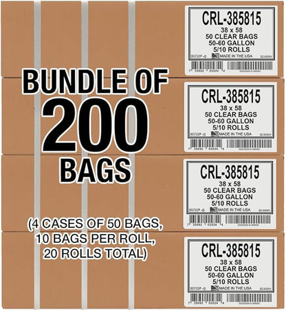 Aluf Plastics 55-60 Gallon 1.5 MIL Clear Garbage Bags - 38" x 58" - Pack of 200 - For Contractor, Industrial, Healthcare, & Municipal
