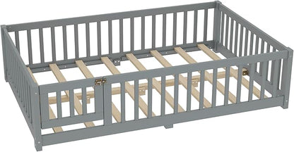 Harper & Bright Designs Full Floor Bed with Safety High Fence, Wood Montessori Bed with Door, Full Size Floor Beds with Solid Wood Support Slats for Boys, Girls, Kids, Gray