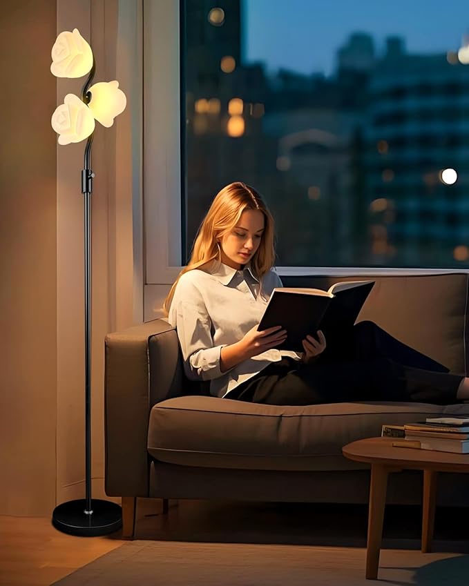 Dimmable Flower Floor Lamp, Modern Black Pole Standing Lamps