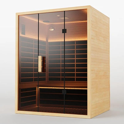 Low EMF Far Infrared Sauna for 3 Person, Canadian Hemlock Wood Sauna Room with Tempered Glass Door, WiFi Control, 220V, 12 Infrared Heaters, 2850W, Reading & 7-Color Starry Light, Oxygen Bar, Speaker