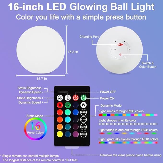16 In Cordless LED Glowing Ball Light, LED Globe Orb Night Light w/Remote
